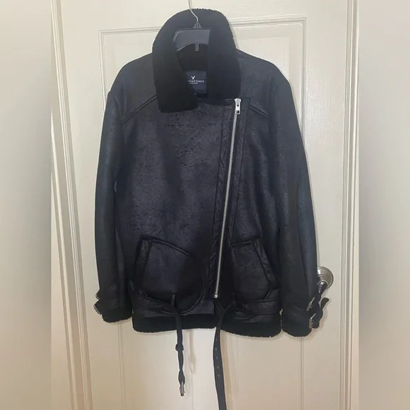American Eagle Faux Suede Shearling Lined Distressed Moto Jacket, Bl, Sz XL - Picture 8 of 16